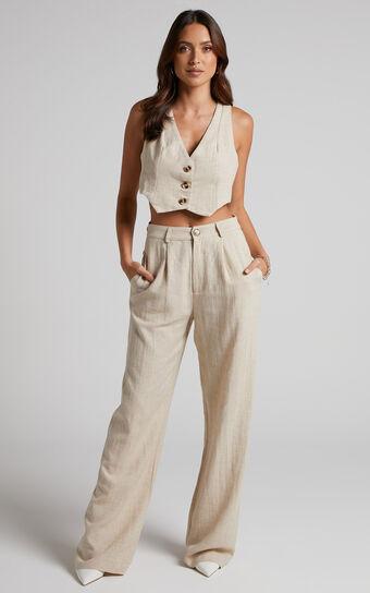 Larissa Trousers - Linen Look Mid Waisted Relaxed Straight Leg Trousers in Oatmeal Product Image