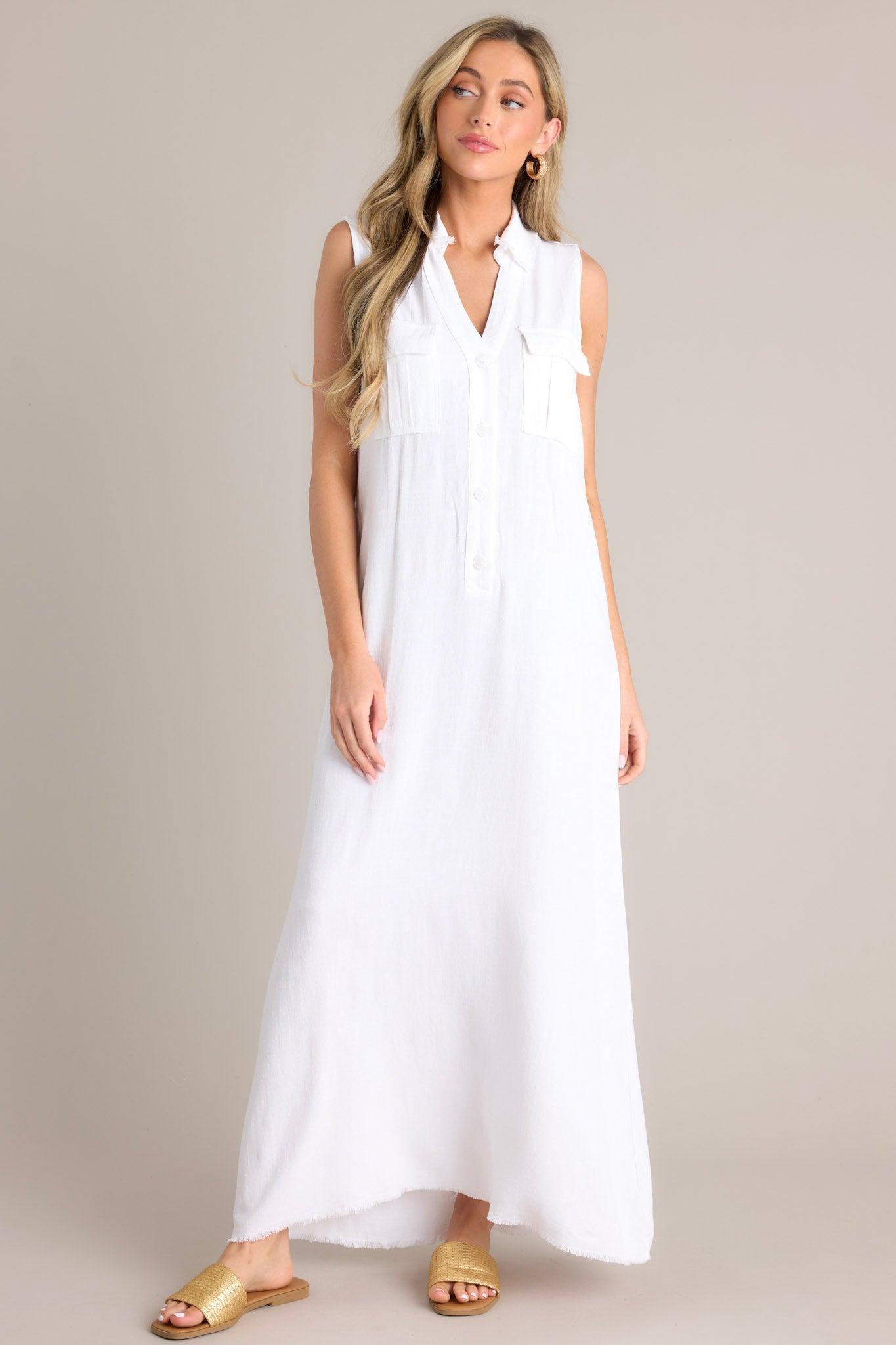 Harbor Breeze White Collared Sleeveless Maxi Dress Product Image