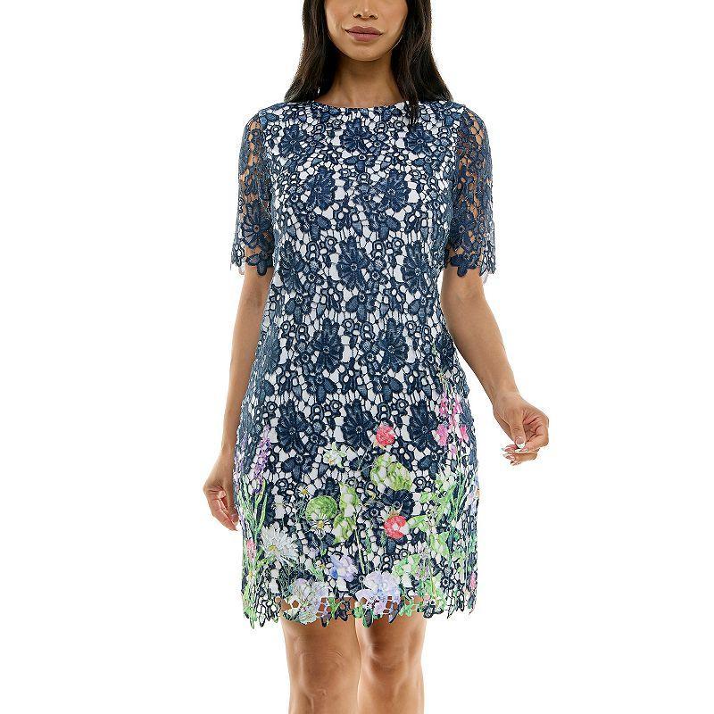 Womens Nina Leonard Floral Print Lace Trimmed Short Sleeve Mini Dress Blue Team Product Image