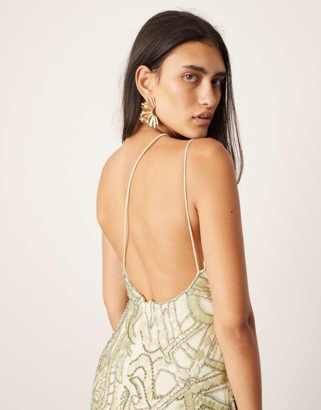 ASOS EDITION mosaic embellished strappy cami midi dress with low back in sage green Product Image