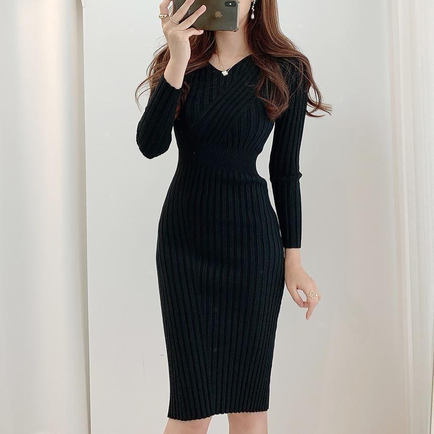 Long-Sleeve V-Neck Ribbed Midi Sheath Knit Dress product image