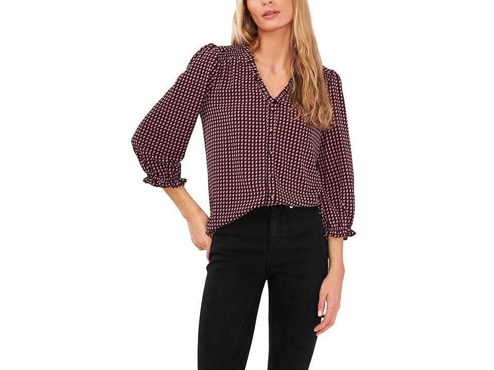 CeCe Geo Print Button Front V-Neck Blouse (Deep Mulberry) Women's Clothing Product Image