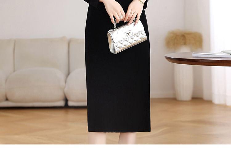 Long-Sleeve Crew Neck Mesh Panel Faux Pearl Accent Slit Velvet Midi Sheath Dress Product Image