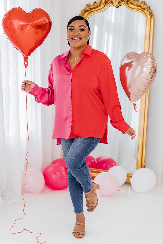 Eclipse Of The Heart Pink And Red Splice Satin Button Up Shirt FINAL SALE Product Image