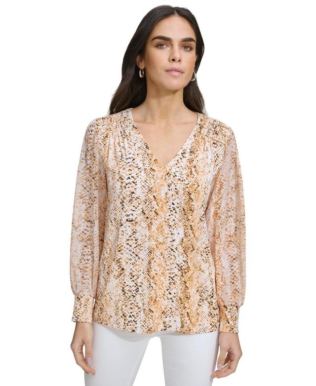 Calvin Klein Womens Printed V-Neck Blouson-Sleeve Top Product Image