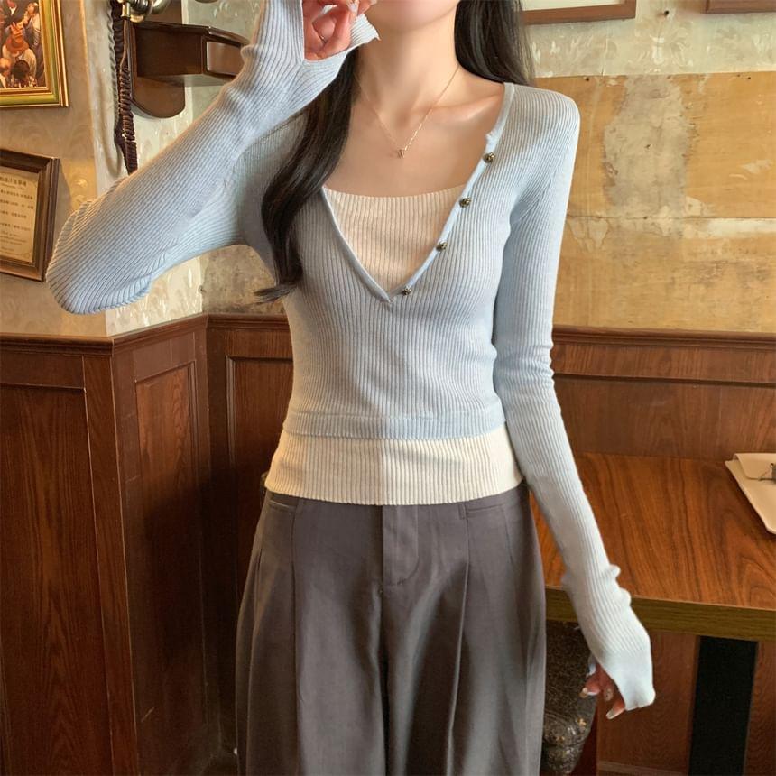 Long Sleeve V-Neck Mock Two Piece Ribbed Knit Top Product Image