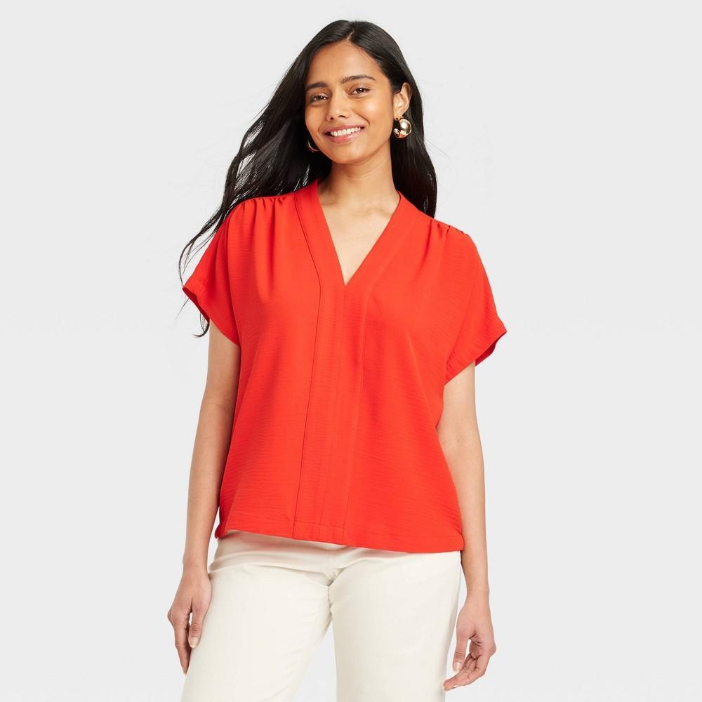 Womens Woven Short Sleeve V-Neck Shirt - A New Day Red XS product image