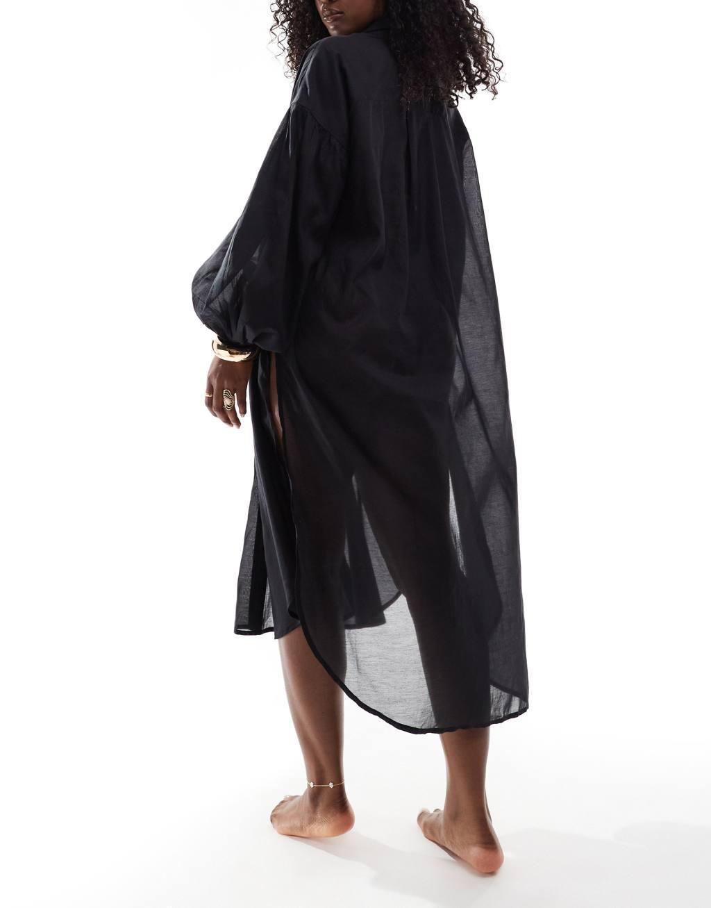 Miss Selfridge beach maxi oversized shirt in black Product Image