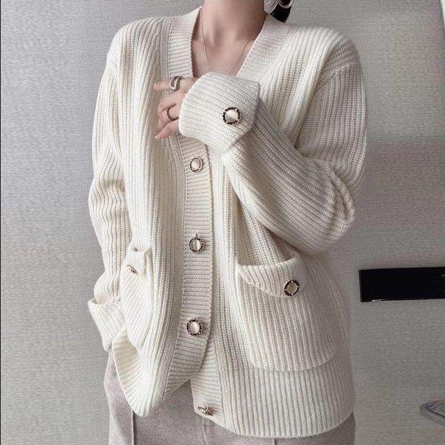 V-Neck Plain Button Cardigan Product Image