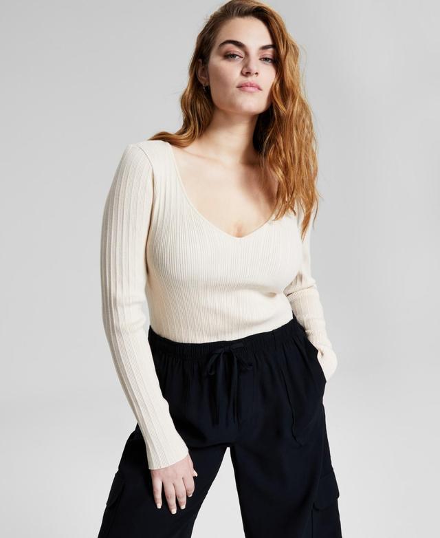 And Now This Womens V-Neck Ribbed Sweater-Knit Long-Sleeve Bodysuit, Created for Macys Product Image