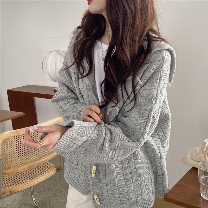 Sailor Collar Plain Cable Knit Toggle Cardigan Product Image