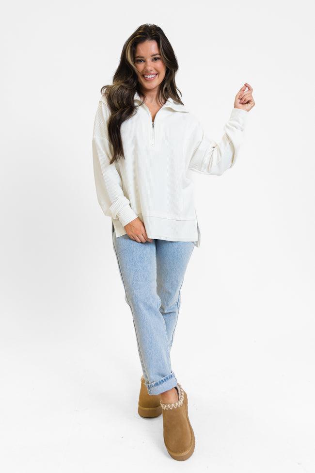 Fireside Festivities Cream Ribbed Quarter Zip Pullover Product Image