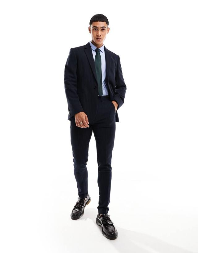 ASOS DESIGN skinny suit pants in navy wool pinstripe Product Image