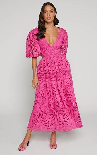 Anieshaya Midi Dress - V Neck Cut Out Lace Dress in Pink Product Image