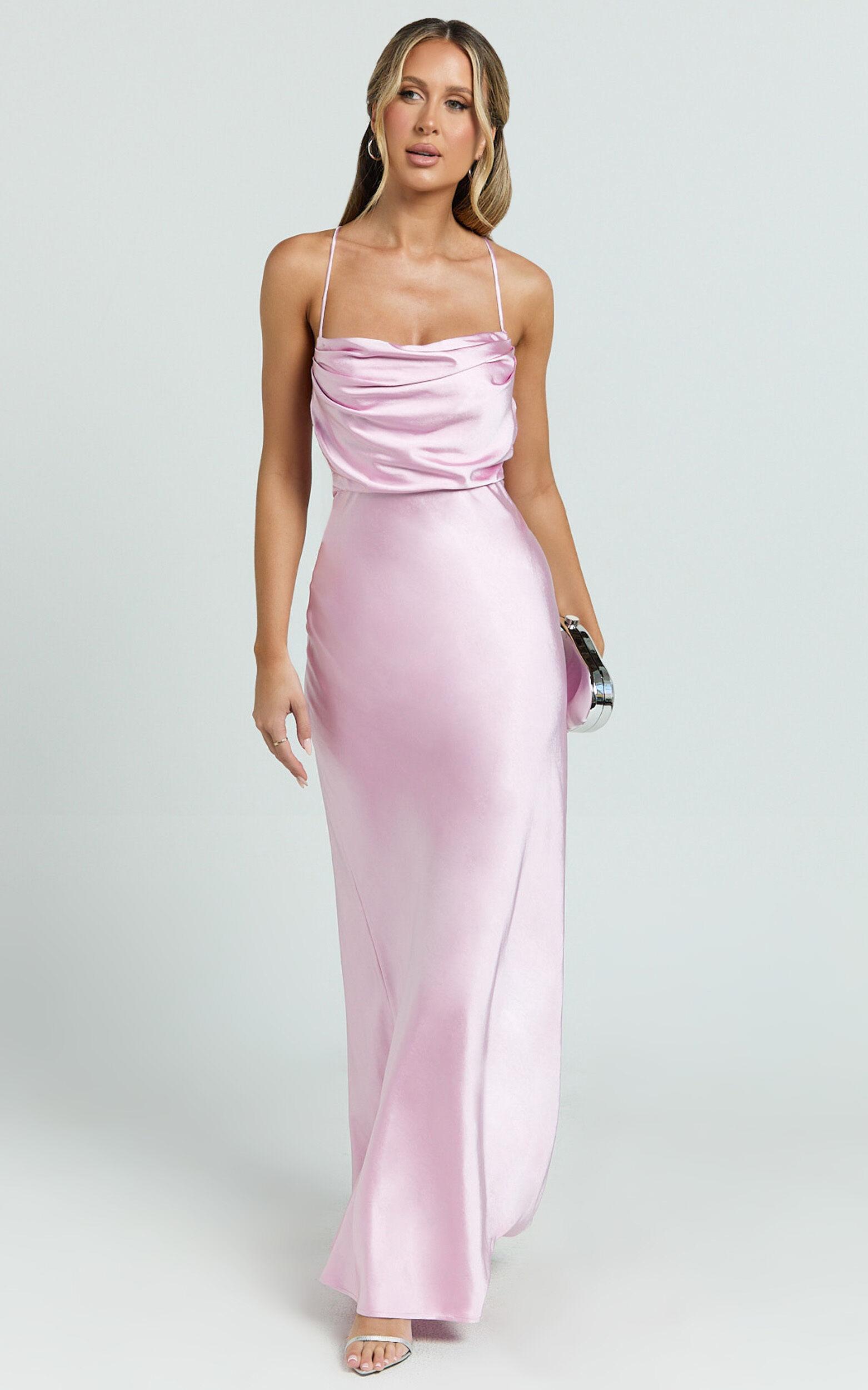 Hanna Maxi Dress - Satin Cowl Neck Low Back Dress in Pink Product Image