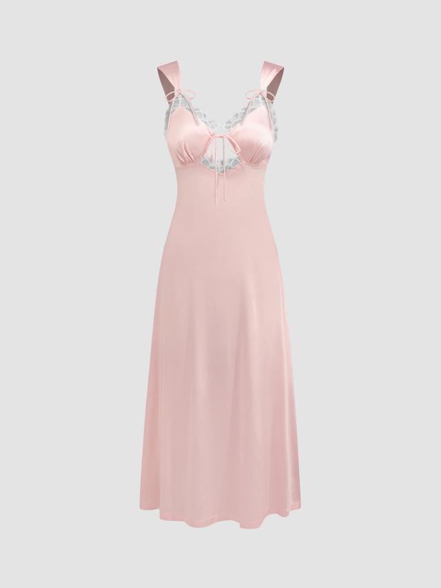 Satin V-neck Solid Lace Knotted Maxi Nightdress Product Image