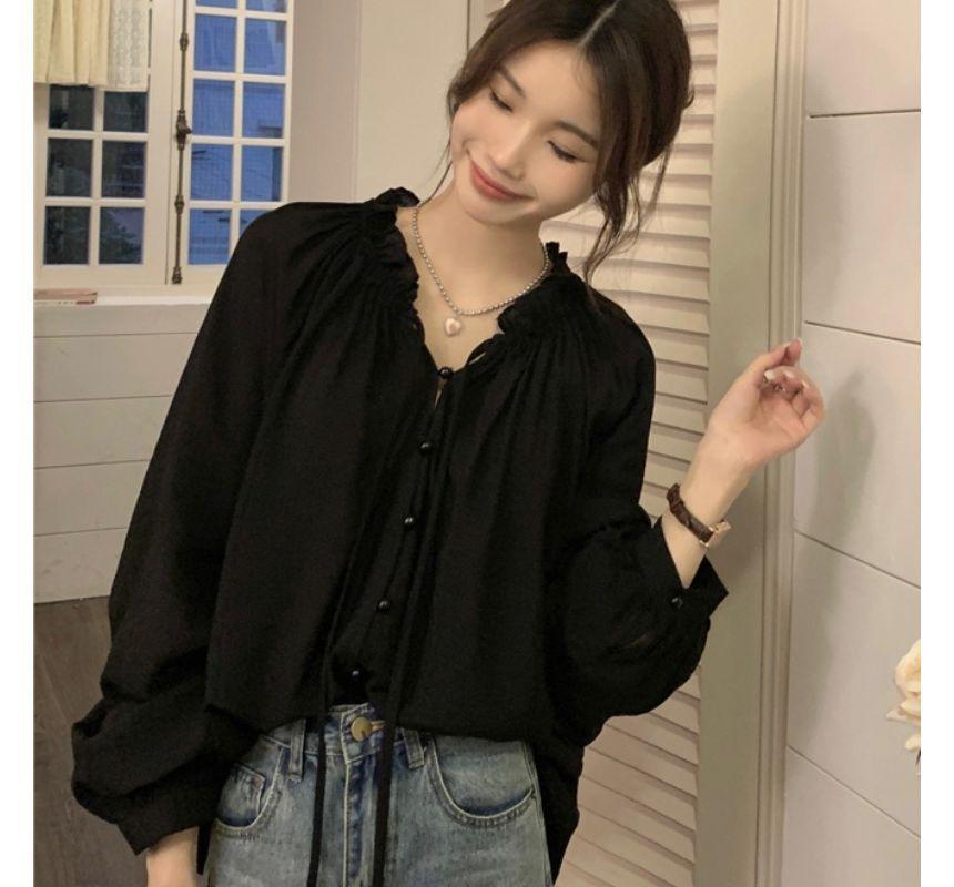 Long-Sleeve Tie-Neck Plain Frill Trim Button-Up Blouse Product Image