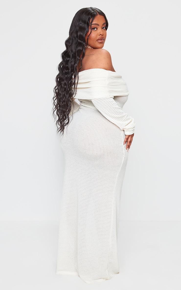 Plus Cream Waffle Texture Extreme Fold Over Bardot Maxi Dress Product Image