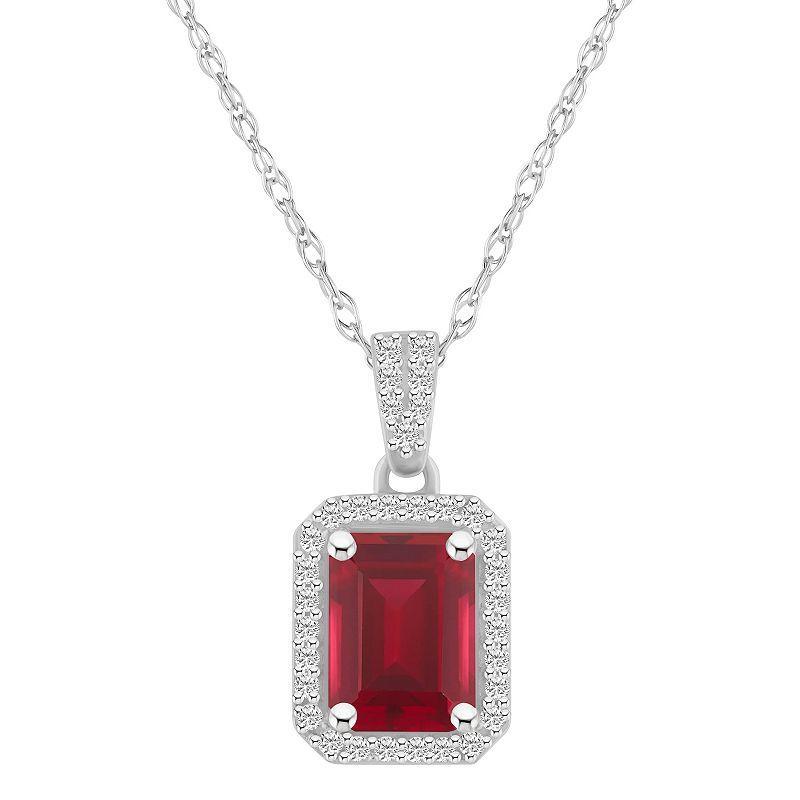 Celebration Gems 10k White Gold Emerald Cut Gemstone & Lab-Created White Sapphire Halo Pendant Necklace, Womens Red Product Image