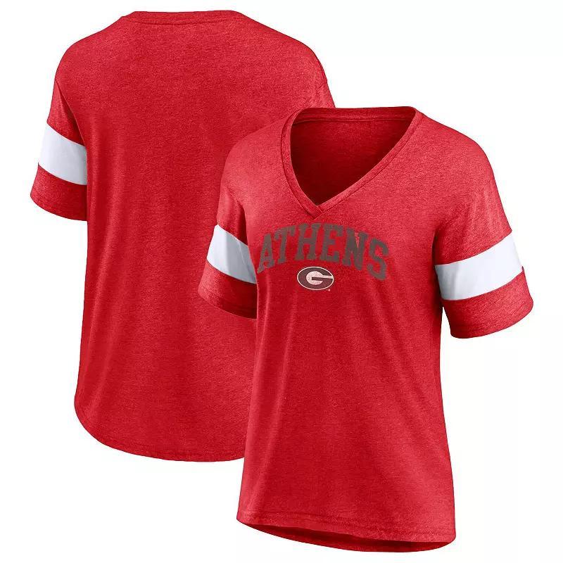 Womens Profile Heather Red Georgia Bulldogs Plus Size Arched City Sleeve Stripe V-Neck T-shirt Product Image