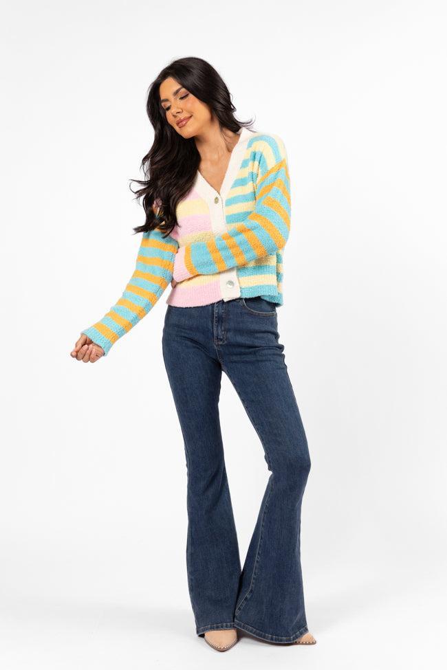 Check It Out Yellow, Blue, and Pink Fuzzy Cardigan Product Image