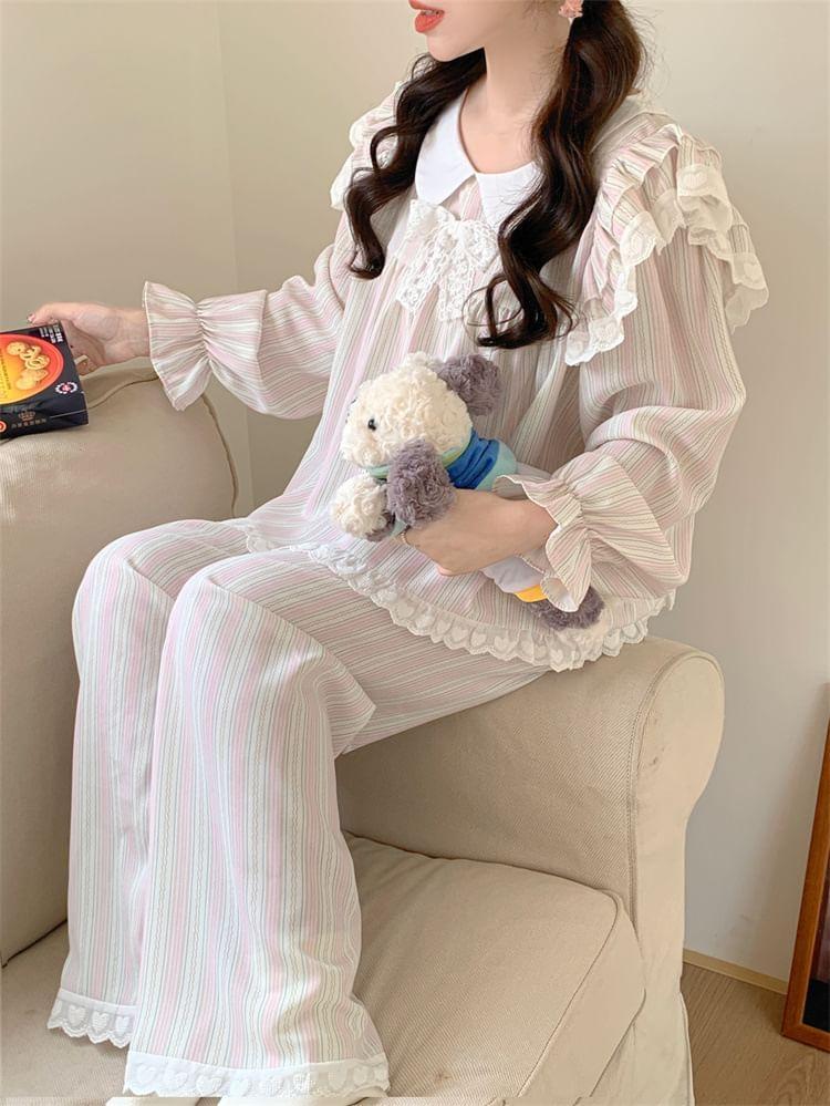 Pajama Set: Puff-Sleeve Striped Lace Trim Ruffle Bow Top + Pants Product Image