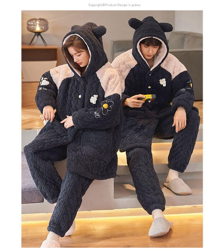 Couple Matching Pajama Set: Cartoon Patterned Hood Coral Fleece Button Jacket + Straight Leg Pants Product Image