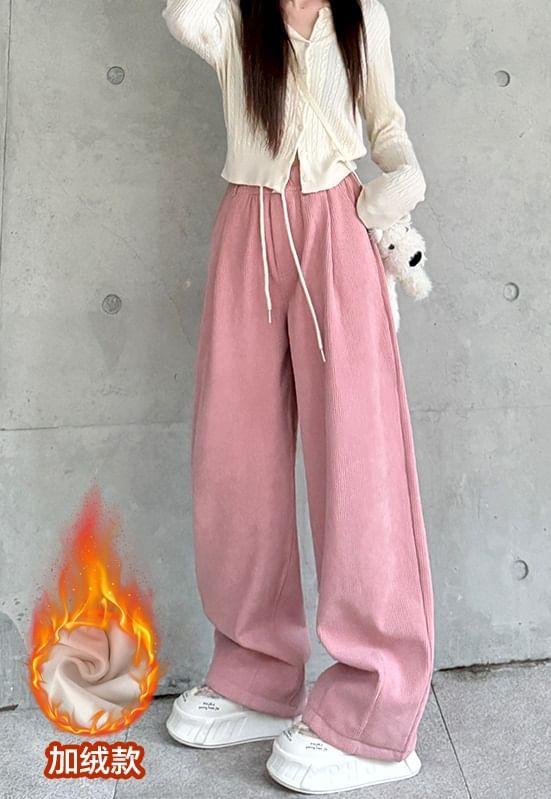 Drawstring Waist Plain Corduroy Wide Leg Pants Product Image