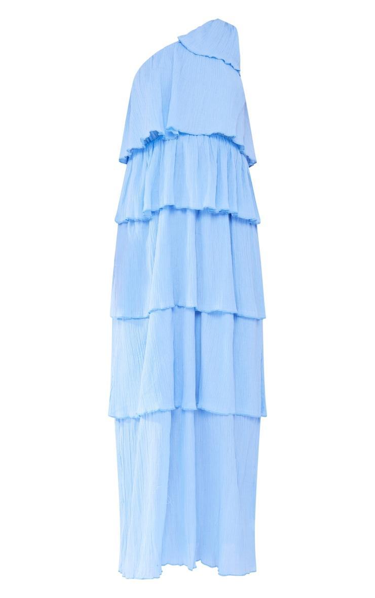 Light Blue Crinkle One Shoulder Tiered Maxi Dress Product Image