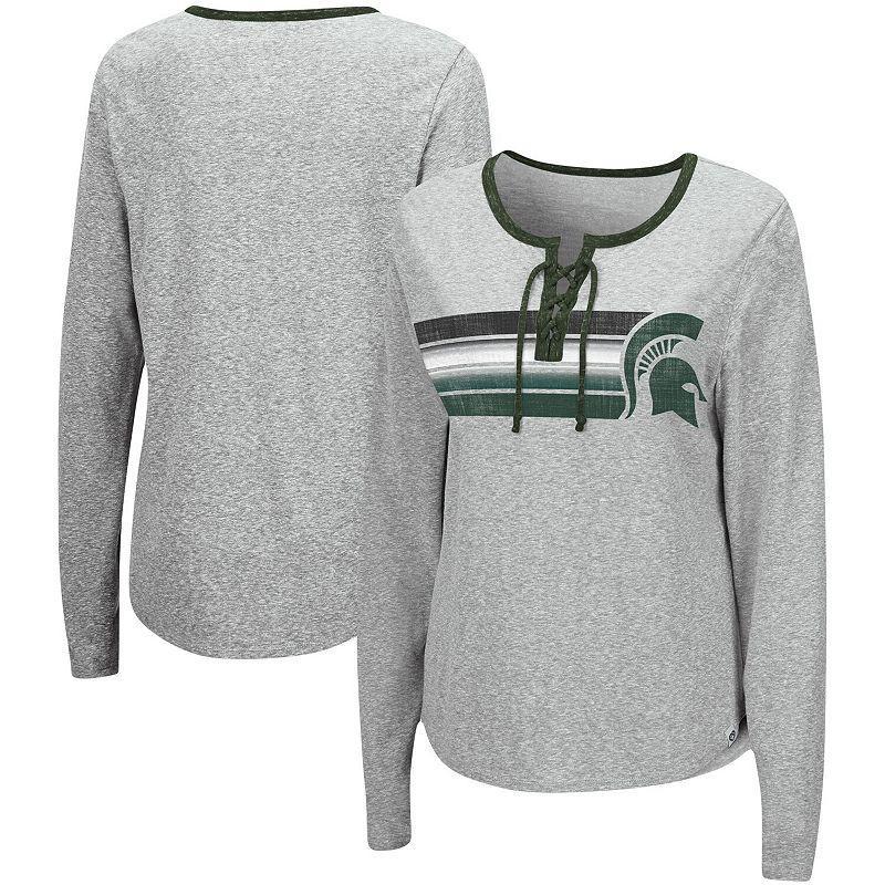 Womens Colosseum Heathered Gray Michigan State Spartans Sundial Tri-Blend Long Sleeve Lace-Up T-Shirt Product Image