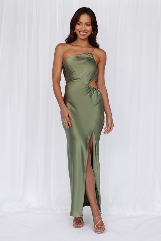 HELLO MOLLY The Opal One Shoulder Satin Maxi Dress Olive Product Image