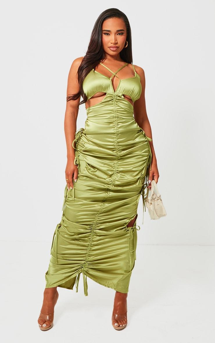 Shape Olive Satin Ruched Strappy Detail Maxi Dress Product Image