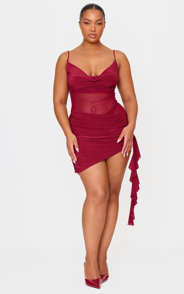 Plus Wine Double Layer Slinky Mesh Panel Bodycon Dress Product Image