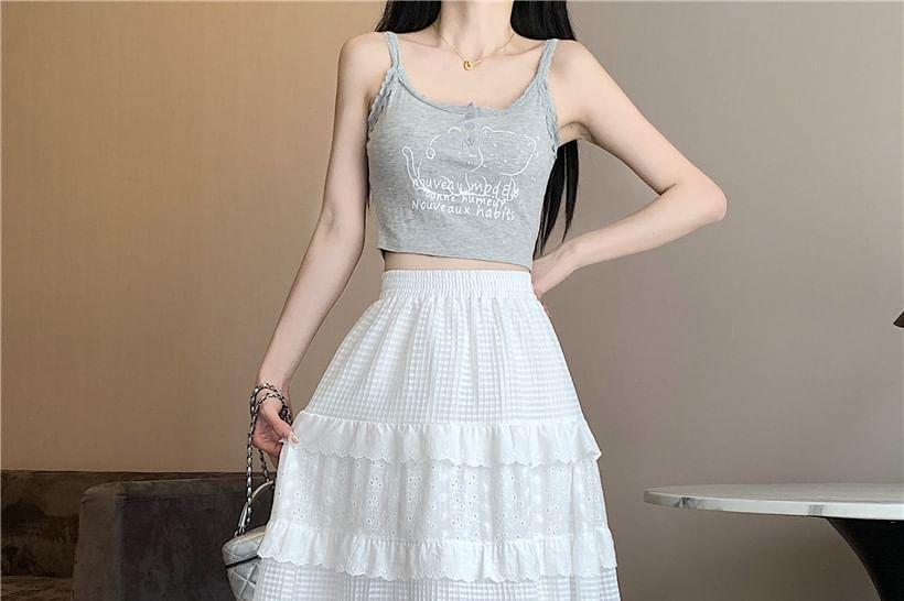 Elastic Waist Plain Embroidered Eyelet Tiered Panel Maxi A-Line Skirt Product Image