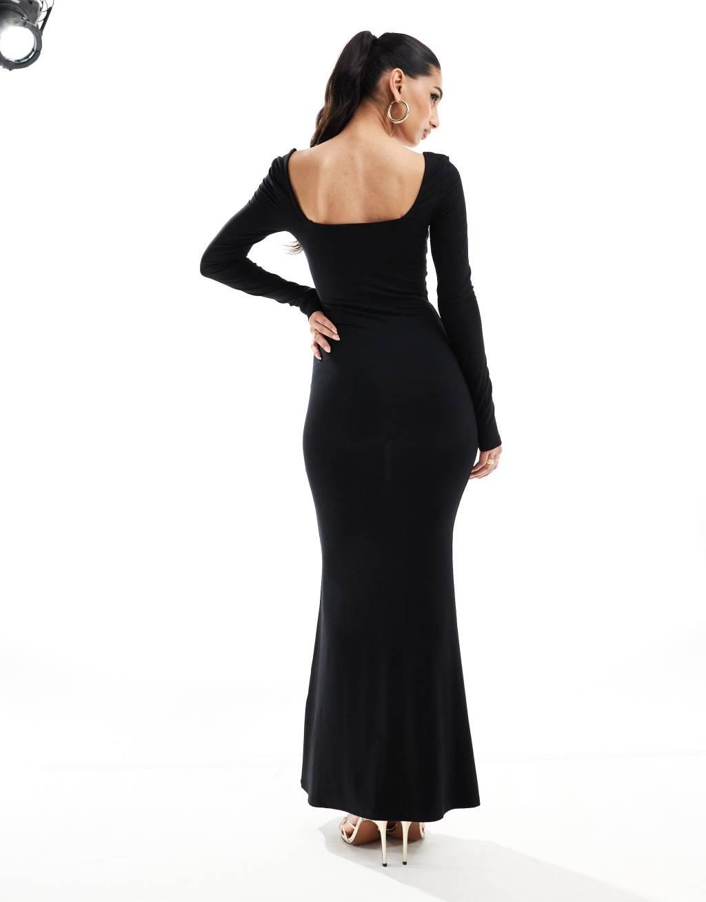 ASOS DESIGN square neck softline long sleeve maxi dress in black Product Image