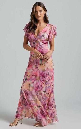 Jasmine Maxi Dress - Plunge Neck Short Flutter Sleeve Frill Hem Mermaid in Pink floral product image