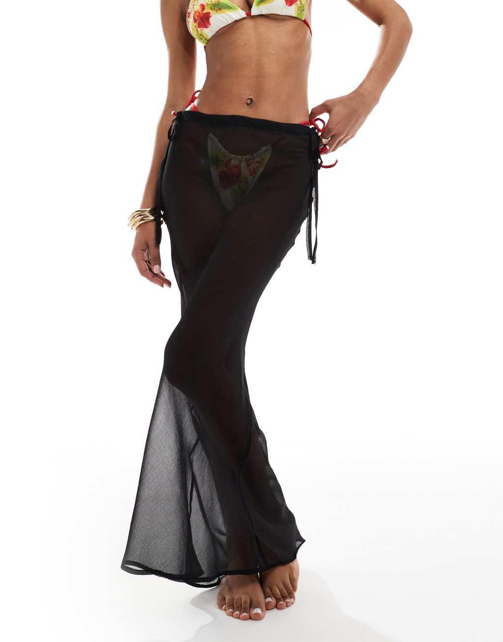 Miss Selfridge beach chiffon maxi skirt in black Product Image