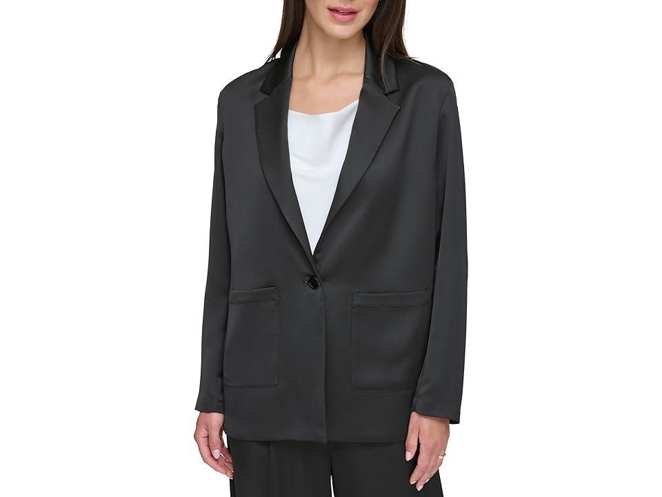 DKNY Long Sleeve Two-Pocket Satin Blazer Women's Clothing Product Image