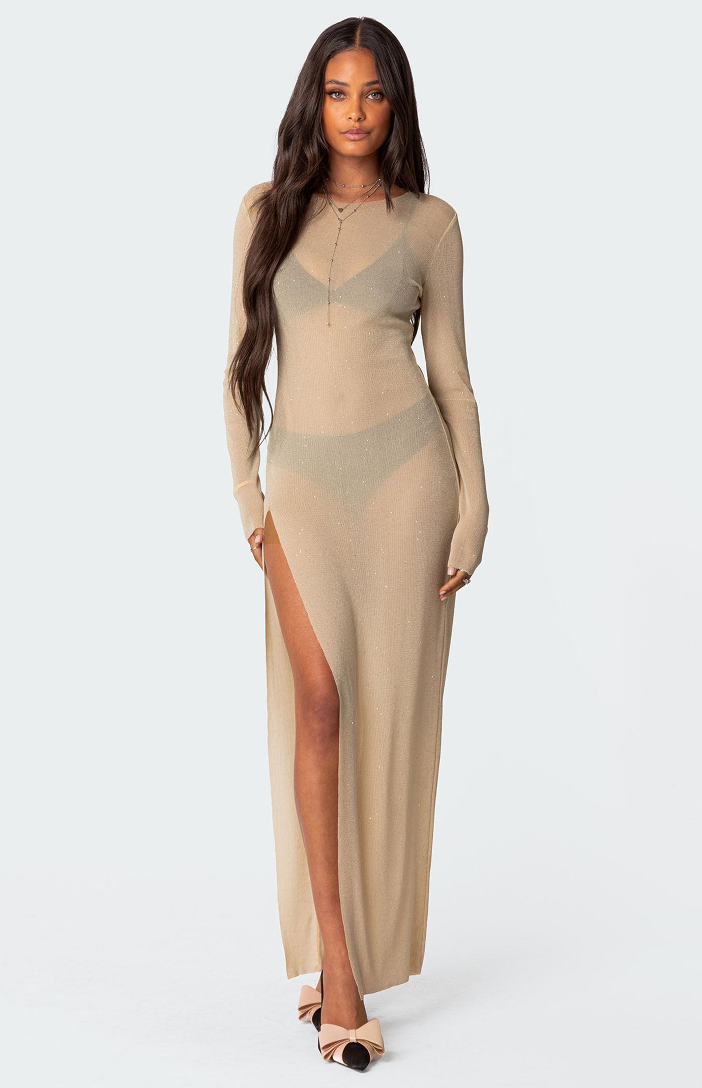 Edikted Womens Glitter Mesh Slitted Maxi Dress - Champagnemall Product Image