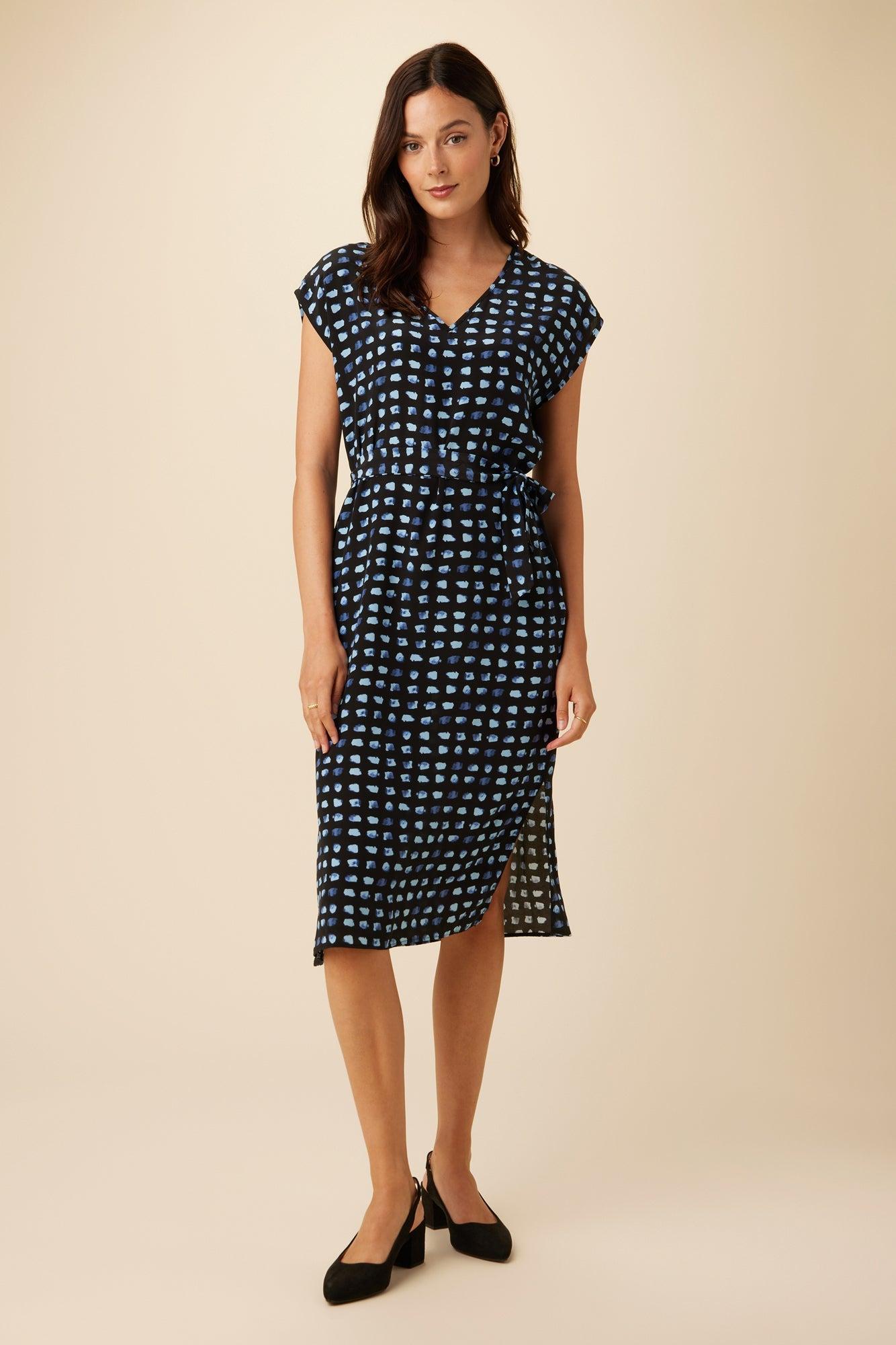 Cindra Washable Silk Midi Dress - Squared Up Black - ReAmour Product Image