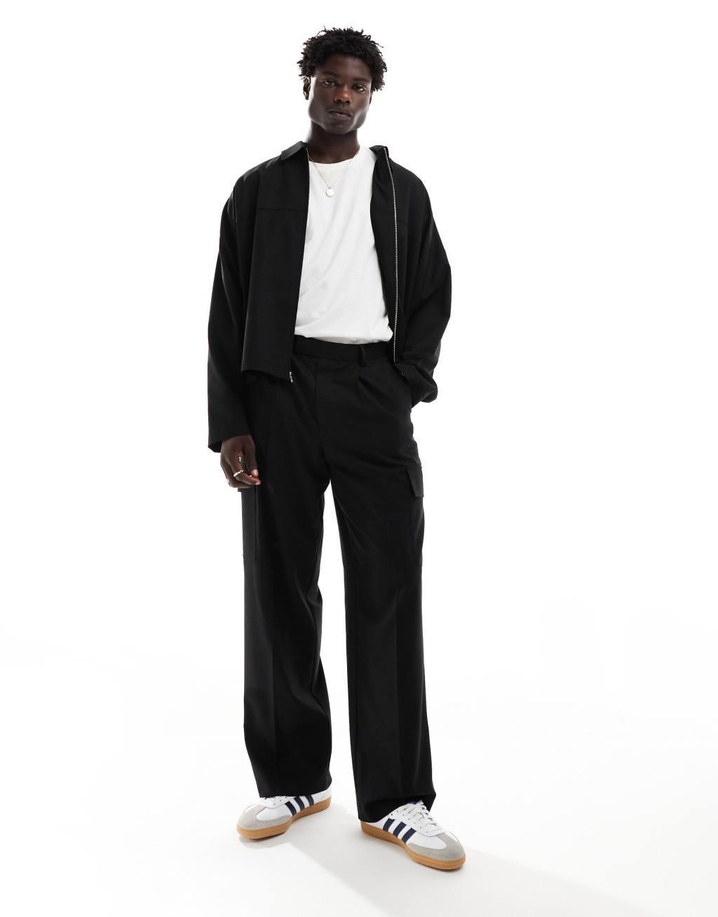 ASOS DESIGN sharp wide leg cargo pants in black product image