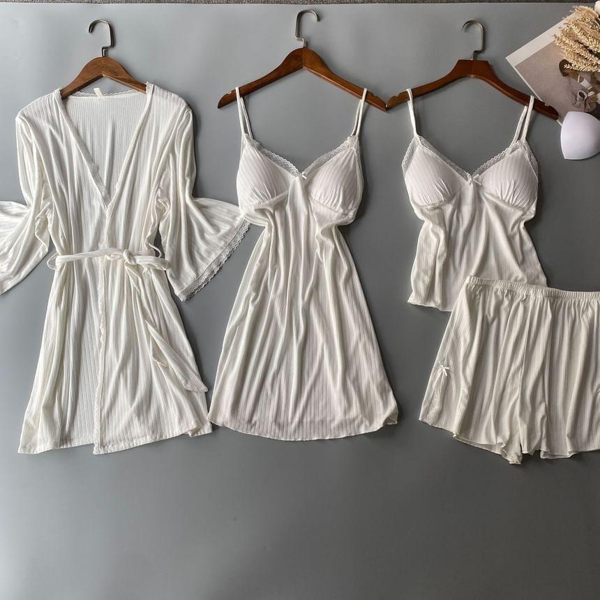 Pajama Set: Plain Camisole + Spaghetti Strap Nightdress + Elastic Waist Shorts + Tie Front Robe Product Image