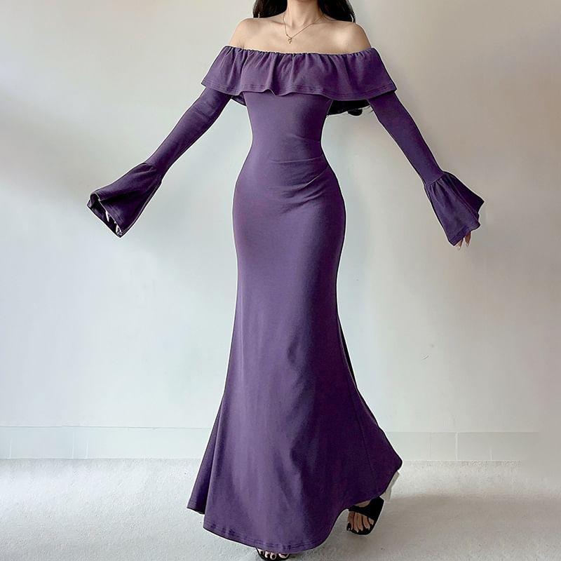 Long-Sleeve Off-Shoulder Plain Ruffle Trim Maxi Sheath Dress Product Image