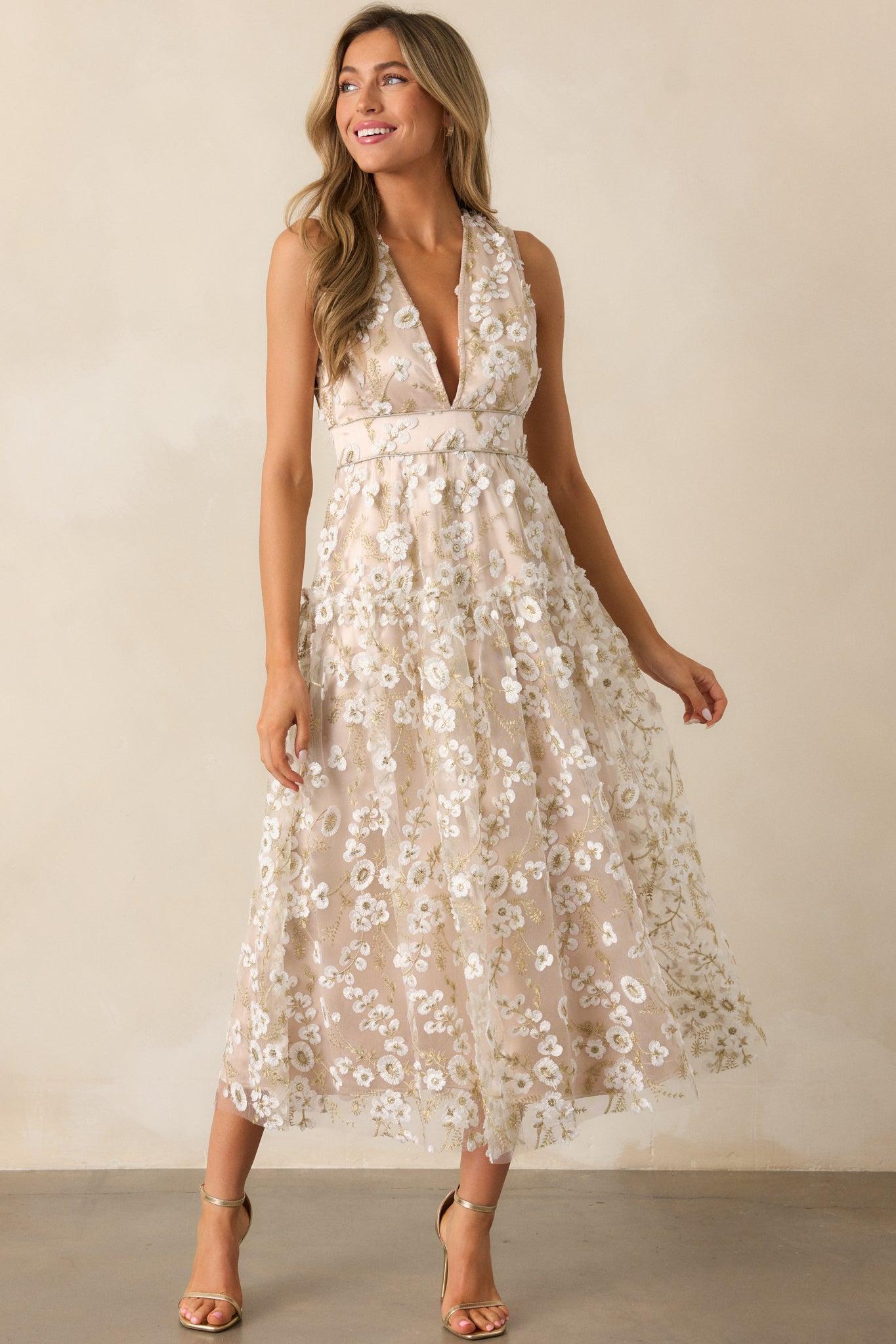 Celebrate With Me Champagne Embroidered Midi Dress Product Image