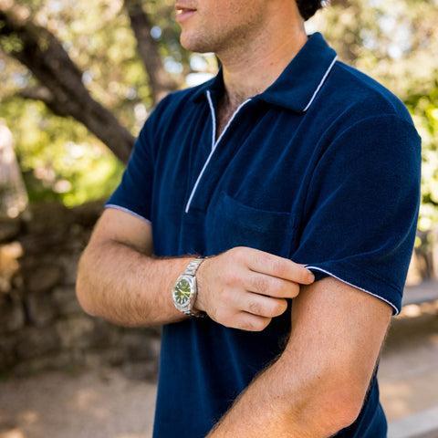 The Estatement - Piped Navy Terry Polo Mens Shirt Product Image