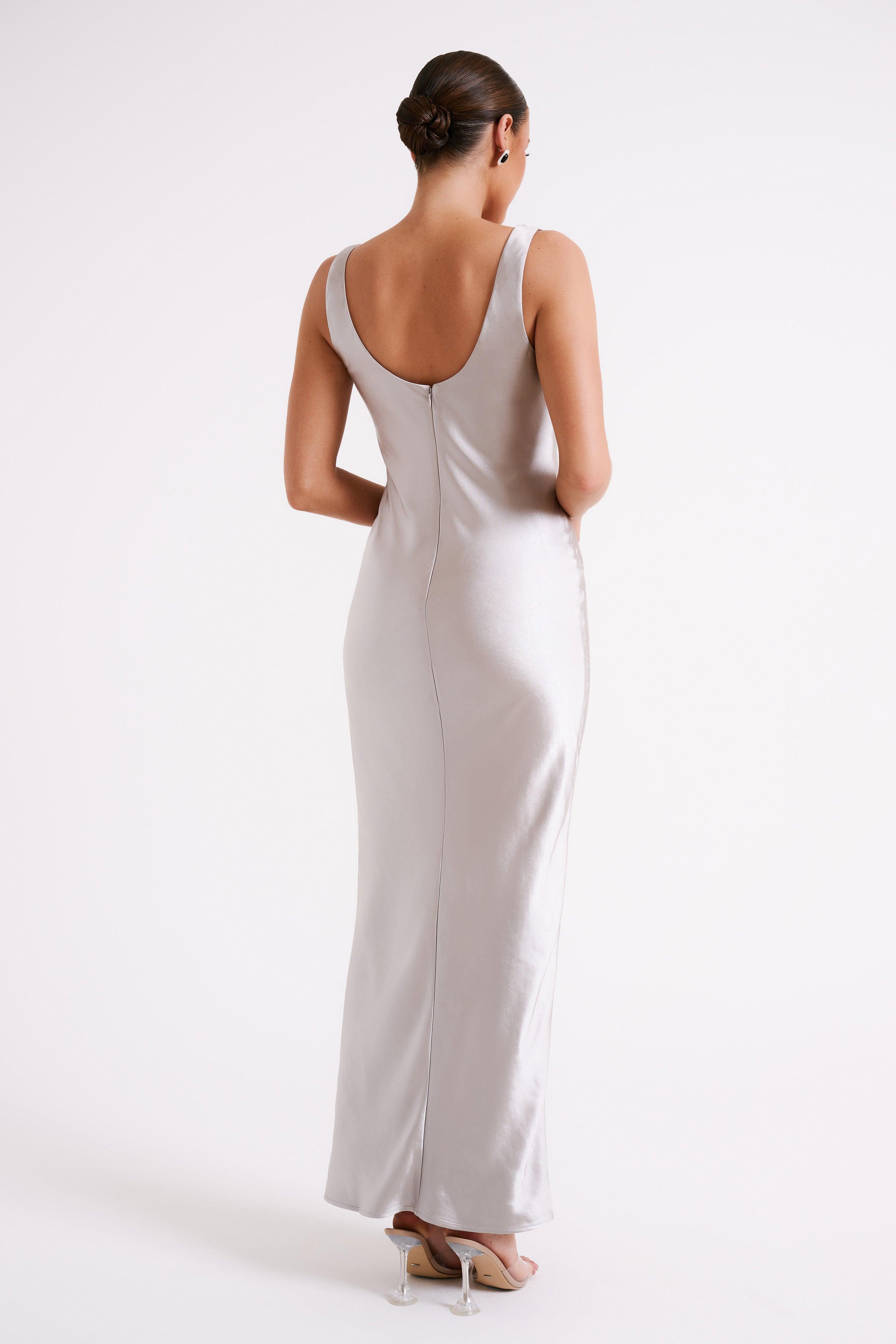 Aubrie Keyhole Satin Maxi Dress - Silver Product Image