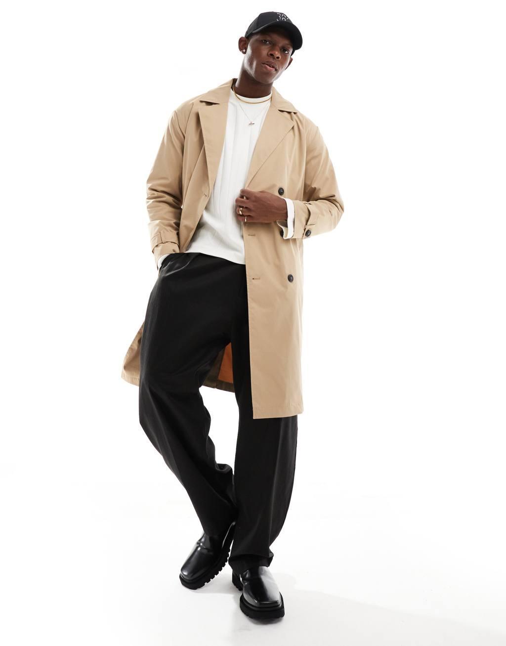 ONLY & SONS drop shoulder trench coat on beige Product Image