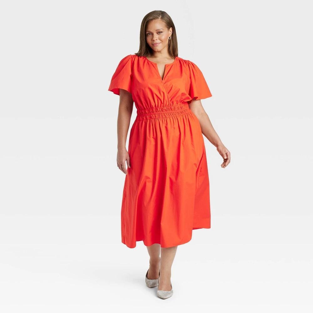 Womens Flutter Short Sleeve Poplin Midi A-Line Dress - A New Day Orange XXL Product Image