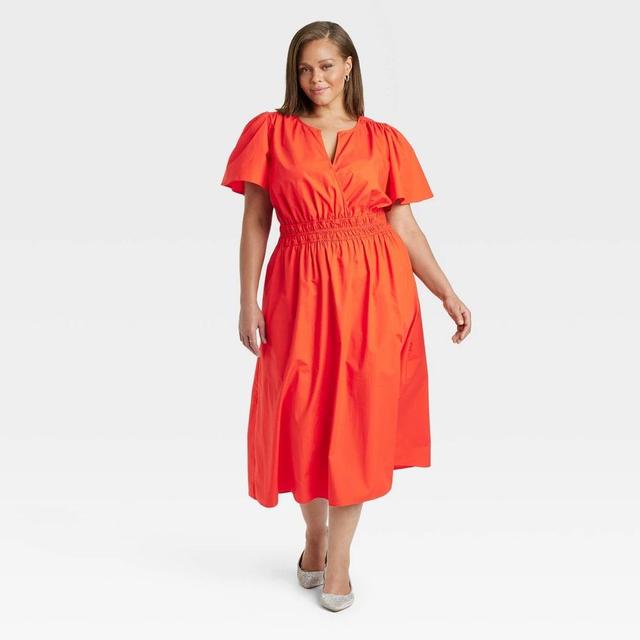 Womens Flutter Short Sleeve Poplin Midi A-Line Dress - A New Day Orange 4X Product Image