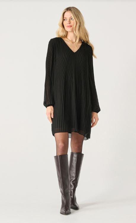 Long Sleeve Pleated A-Line Dress - Black Product Image